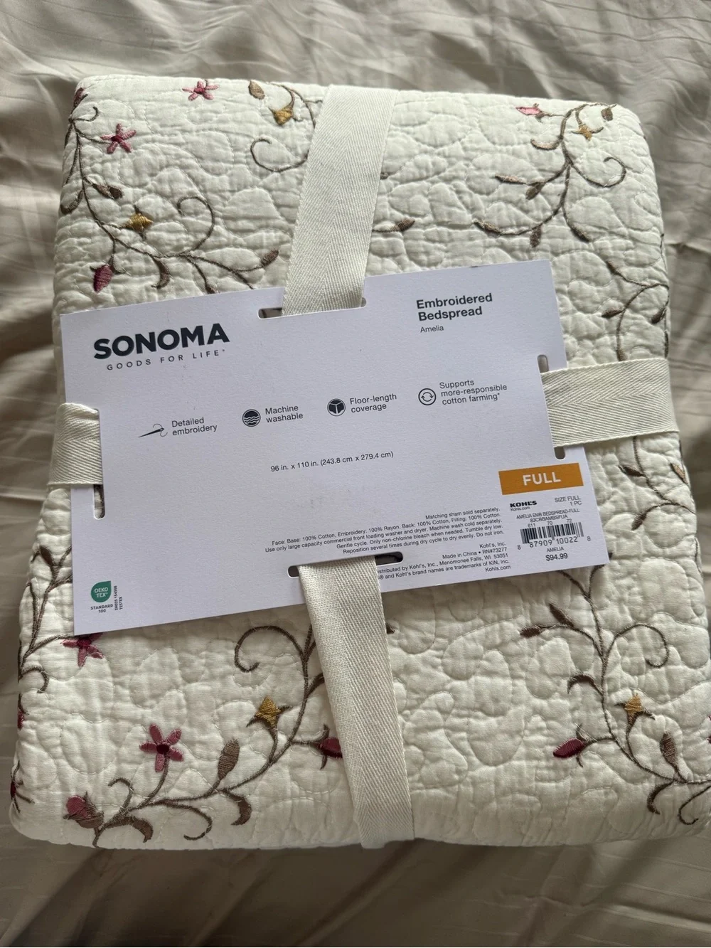 Sonoma Cream Embroidered Bedspread with Pink & Brown Floral Accents full size